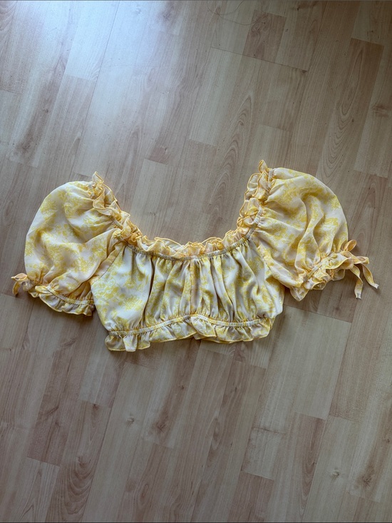 Sugar Thrillz Tops - Sugar Thrillz Yellow Floral Puff-Sleeve Crop Top